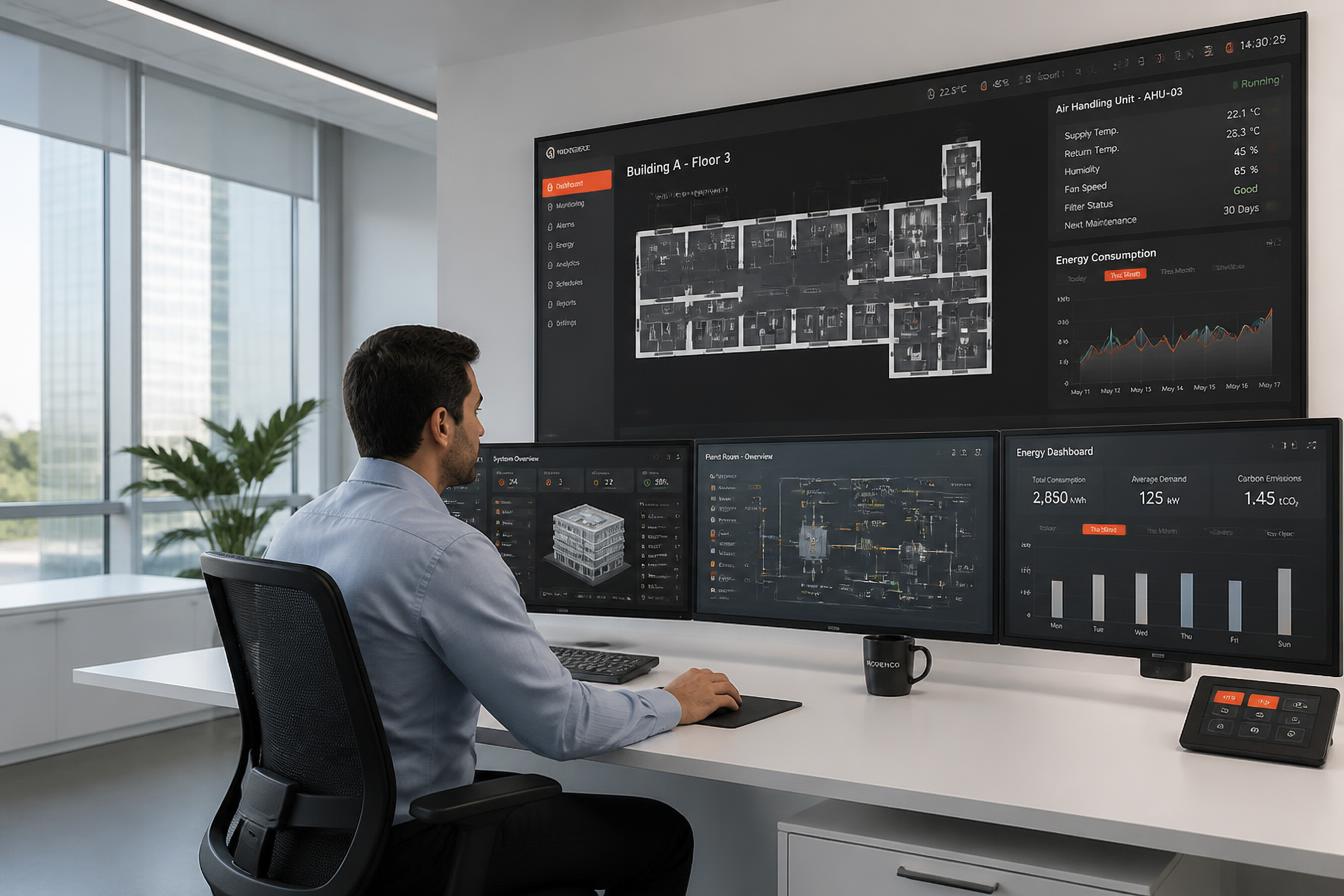 Profissional técnico monitorando painéis de controle de um Building Management System (BMS)