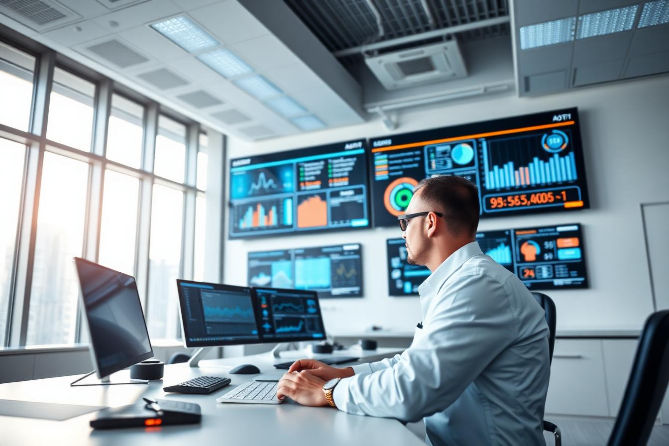 Profissional analisando dashboards de ROI e eficiência energética em central de controle predial