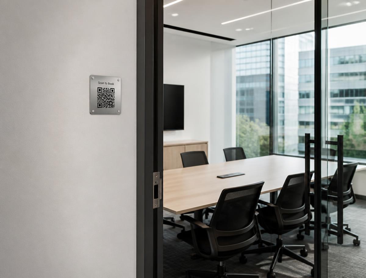 Sala de reunião moderna com placa metálica de QR Code ao lado da porta