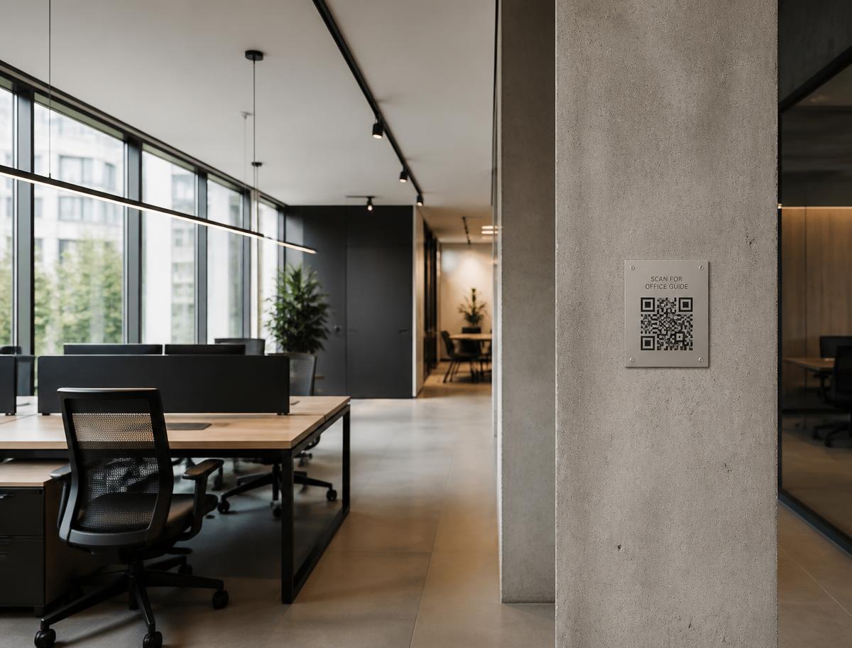 Escritório corporativo minimalista com QR Code instalado em pilar