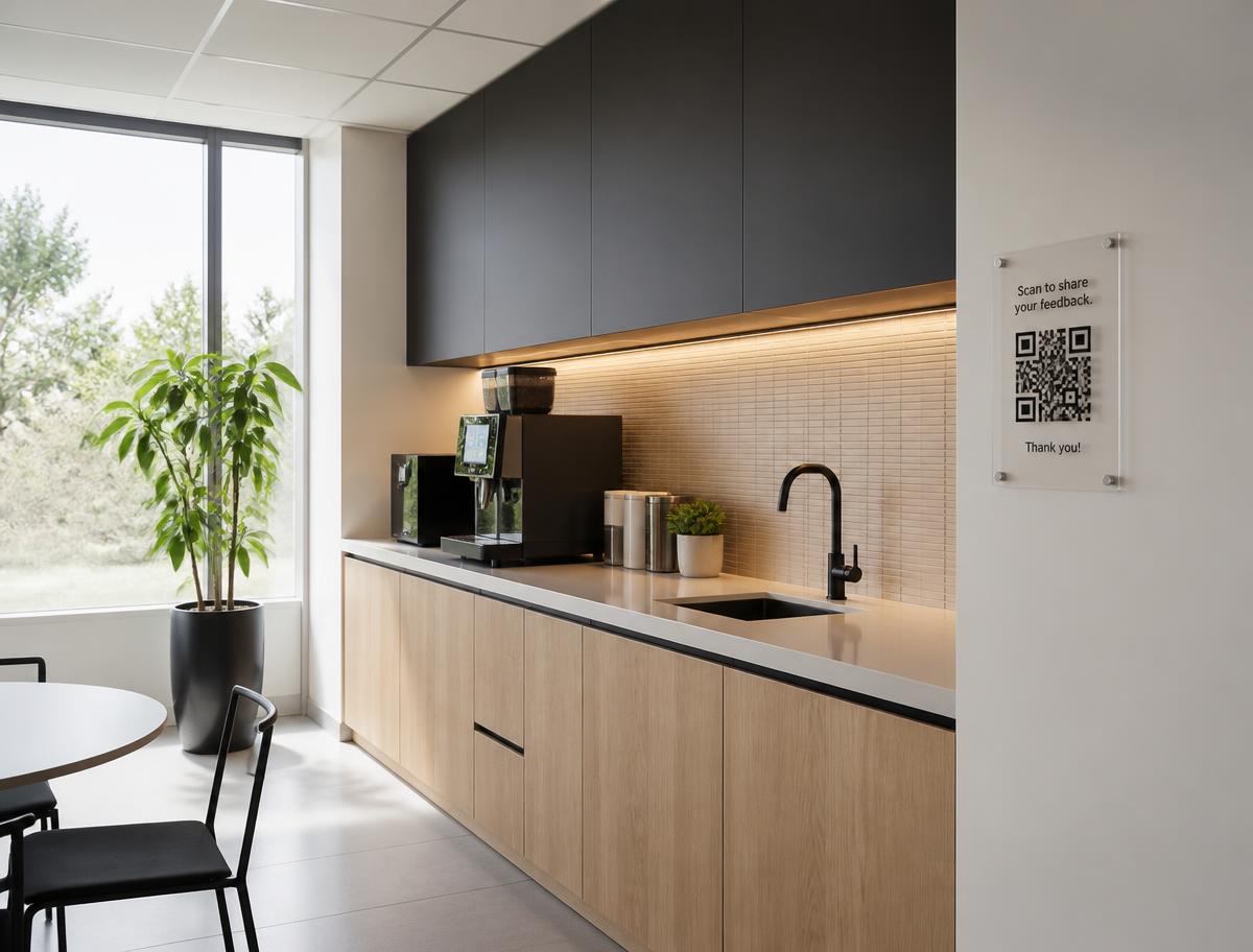 Copa corporativa contemporânea com placa de QR Code instalada na parede