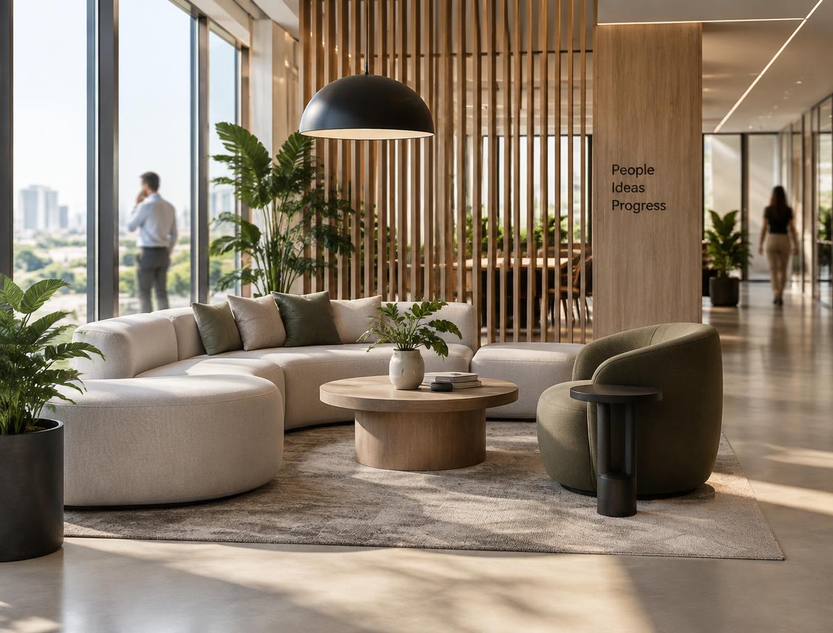 Área colaborativa corporativa com sofás, plantas e luz natural
