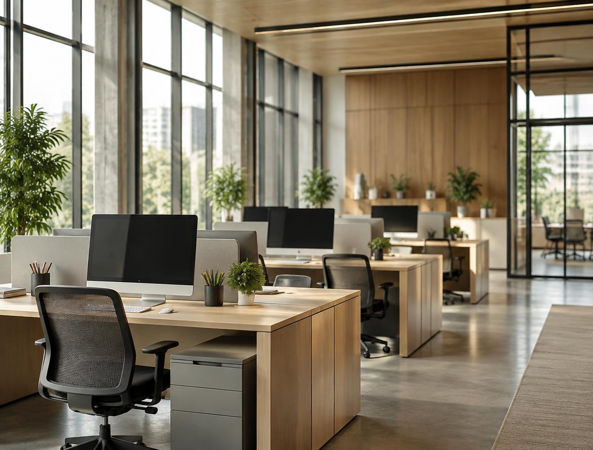 Área de estações de trabalho compartilhadas em escritório corporativo iluminado