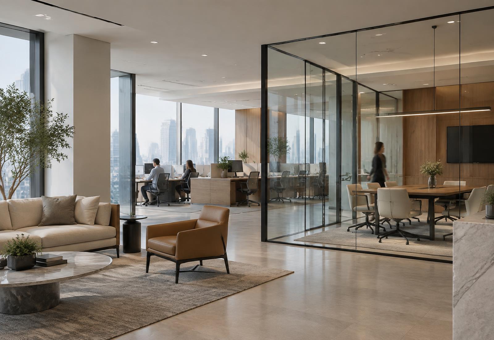 Escritório corporativo contemporâneo com salas de reunião de vidro e luz natural
