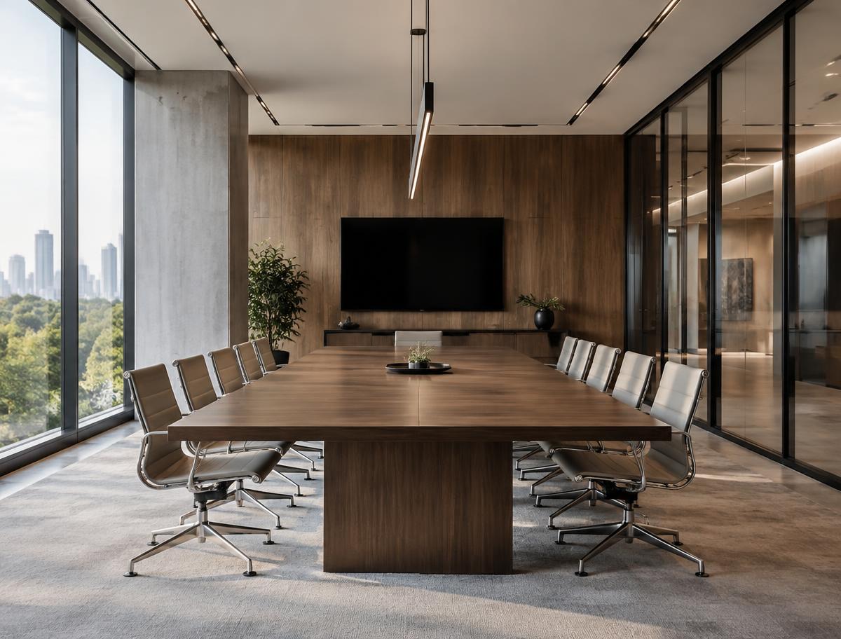Sala de reunião corporativa premium com mesa de madeira e vista para a cidade